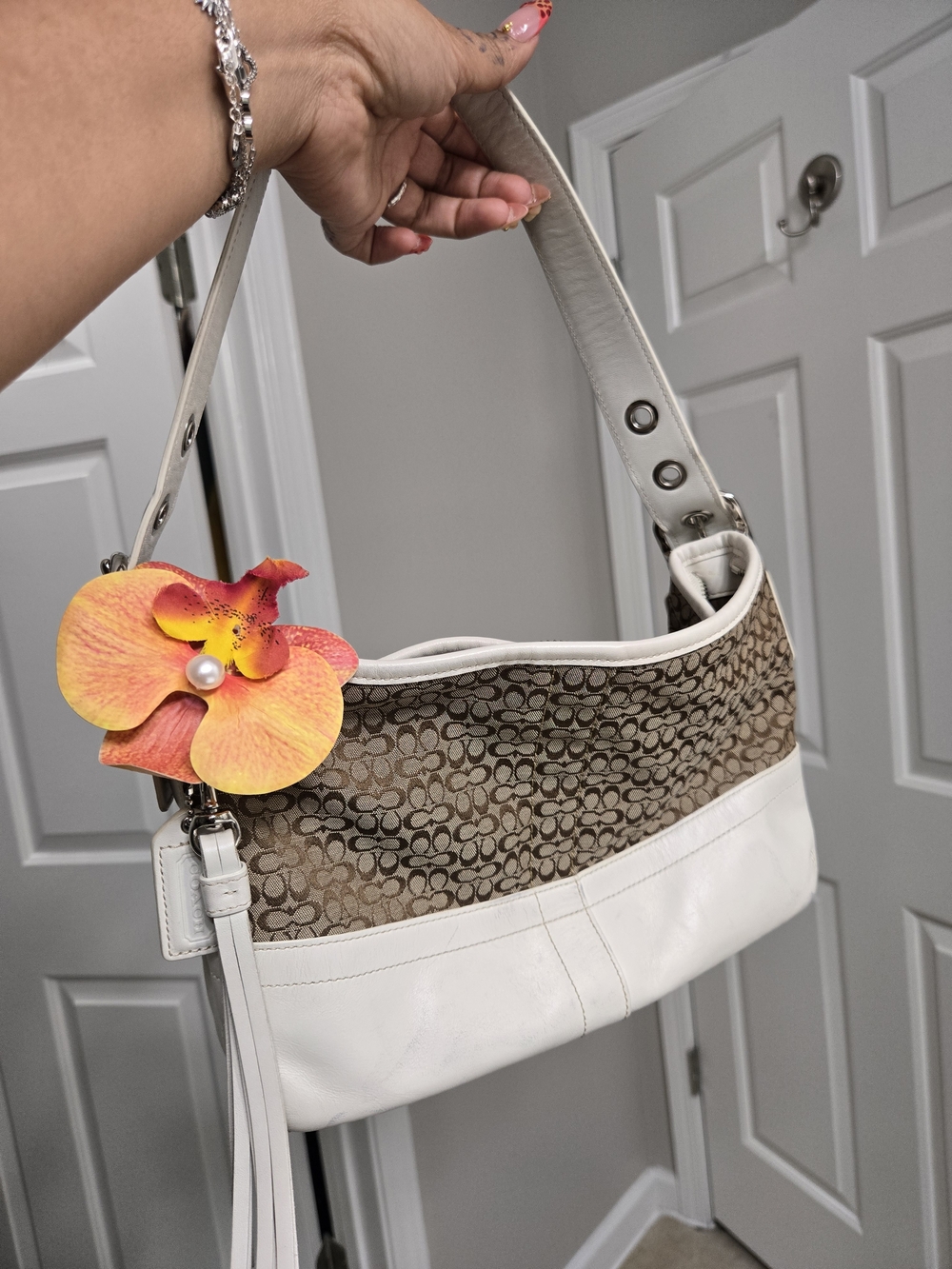 Coach Brown Signature Canvas and White Leather Shoulder Bag